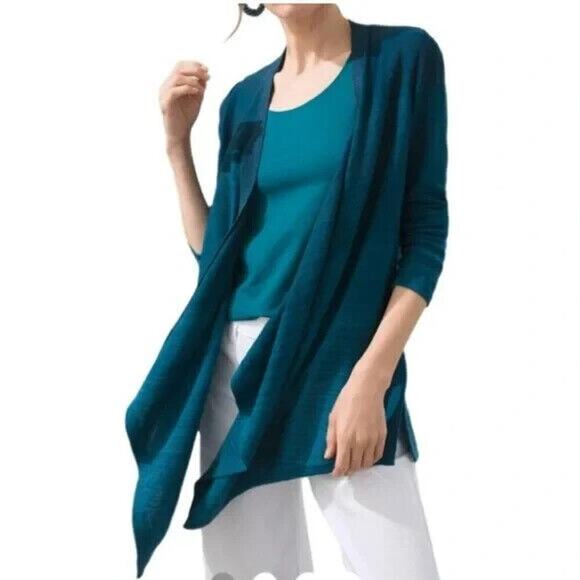 Chico's Ombre Drape Open Front Cardigan Sweater Large / 2 Teal Blue Cotton Blend - Picture 1 of 9